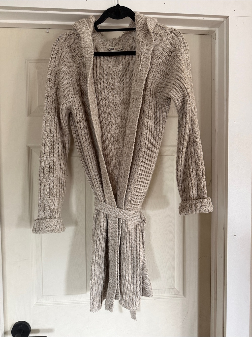 VTG Faded Glory Women’s Beige Cable Knit Hooded Long Cardigan Sweater with Belt